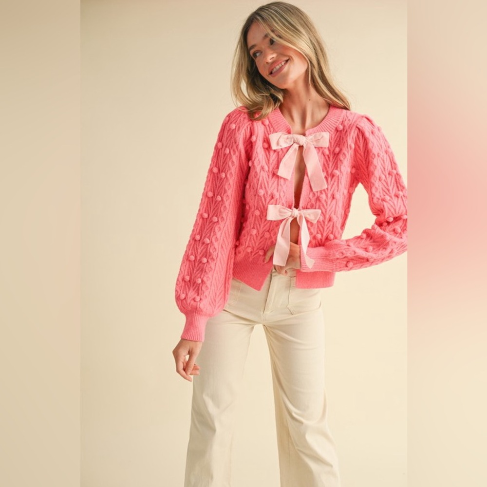 Pink chunky cable embroidered ribbon tie boho bohemian knit cardigan sweater - Picture 3 of 6